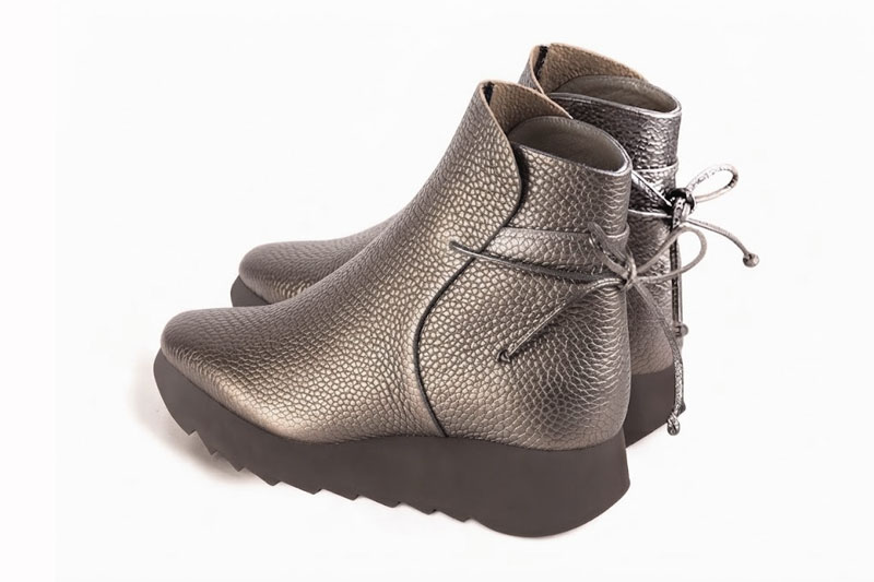 Women's bronze back lace-up ankle boots with square toe and chunky rubber lug sole - Rear view